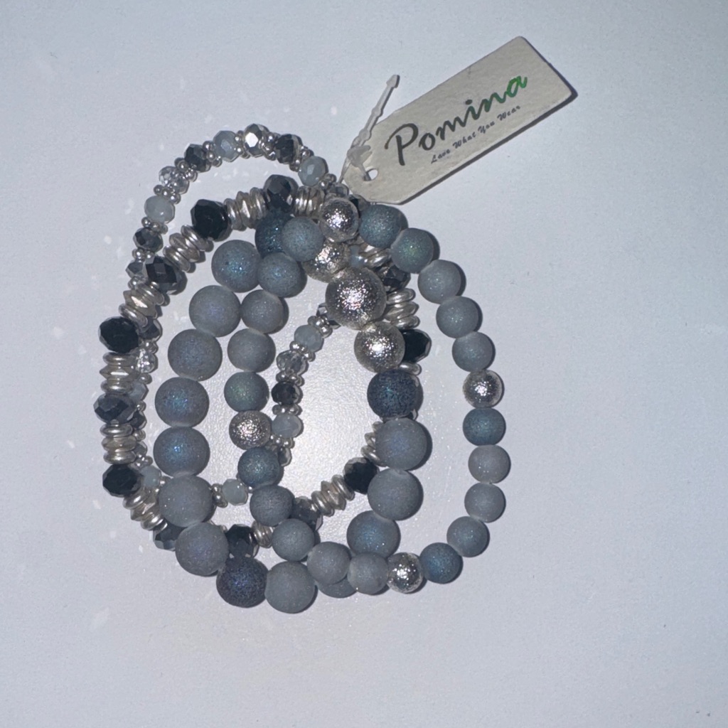 Pomina Silver And Gray Beaded Bracelet Set